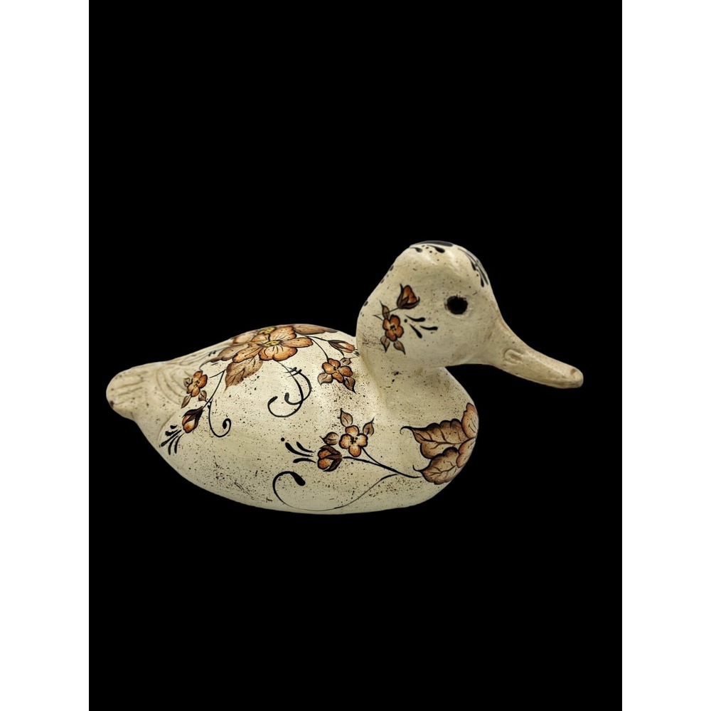 1981 Vintage‎ 10" Carved Wooden Duck Handpainted Floral Artist Signed Glass Eyes